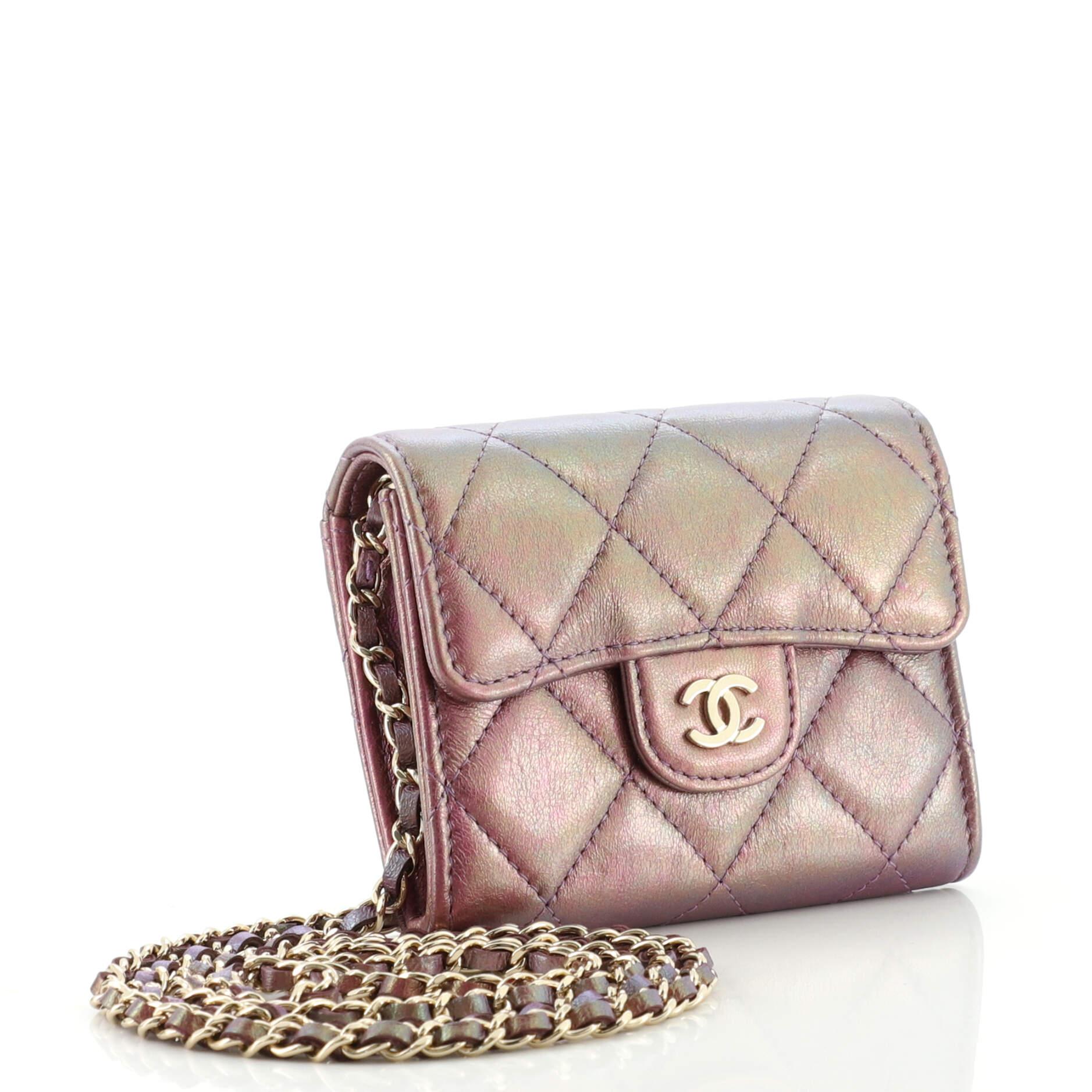 Chanel Classic Flap Card Holder on Chain Quilted Iridescent Lambskin Mini In Good Condition In NY, NY