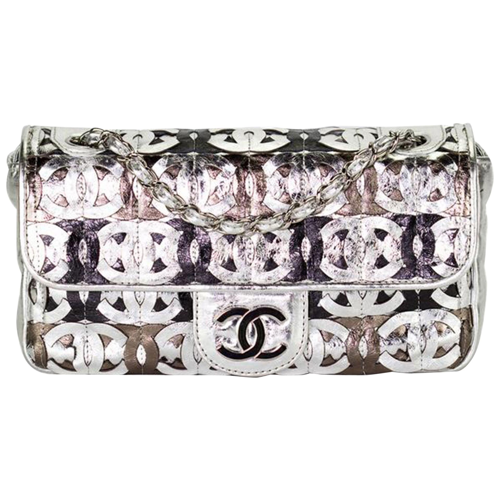 Chanel Classic Flap Cc Laser Cut Metallic Silver Leather Shoulder Bag For  Sale at 1stDibs