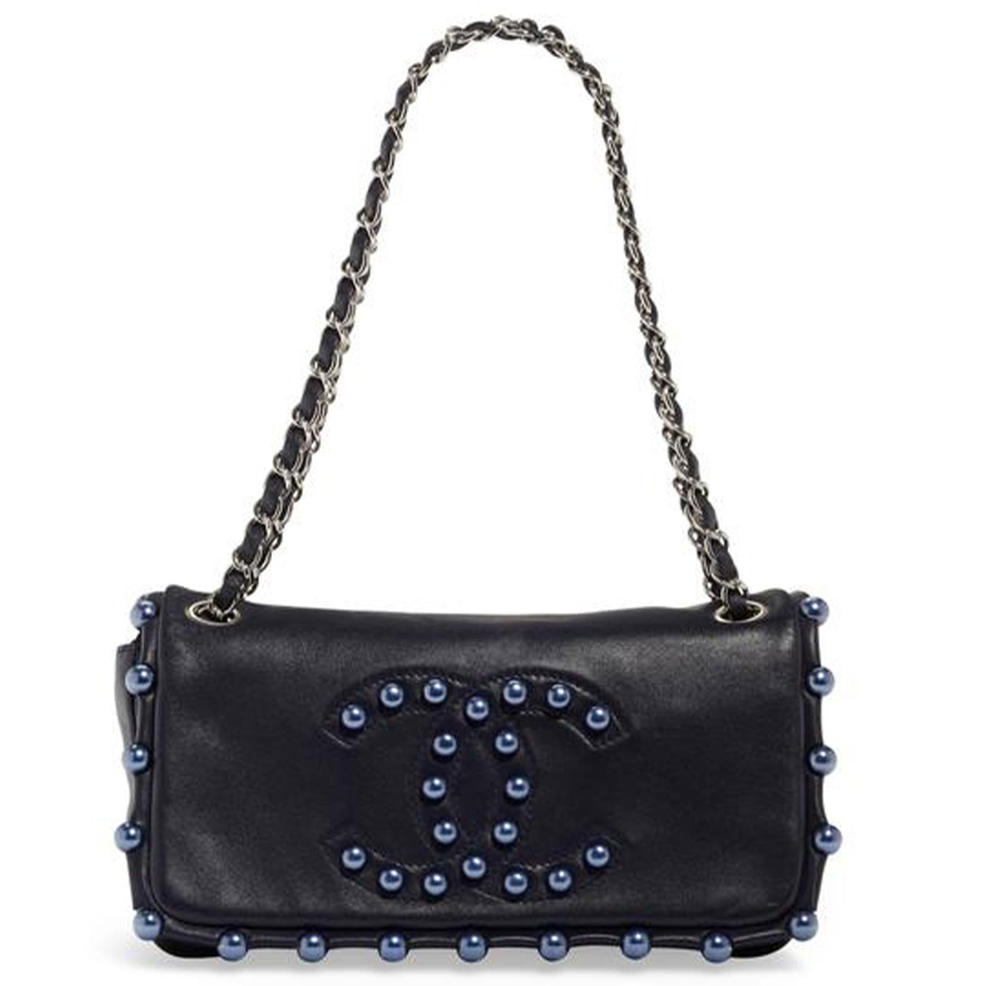 Black Chanel 2008 Vintage Classic Flap CC Obsession Rare Dark Blue Pearls Lambskin Bag For Sale