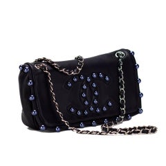 Chanel 2008 Vintage Classic Flap CC Obsession Rare Dark Blue Pearls Lambskin Bag