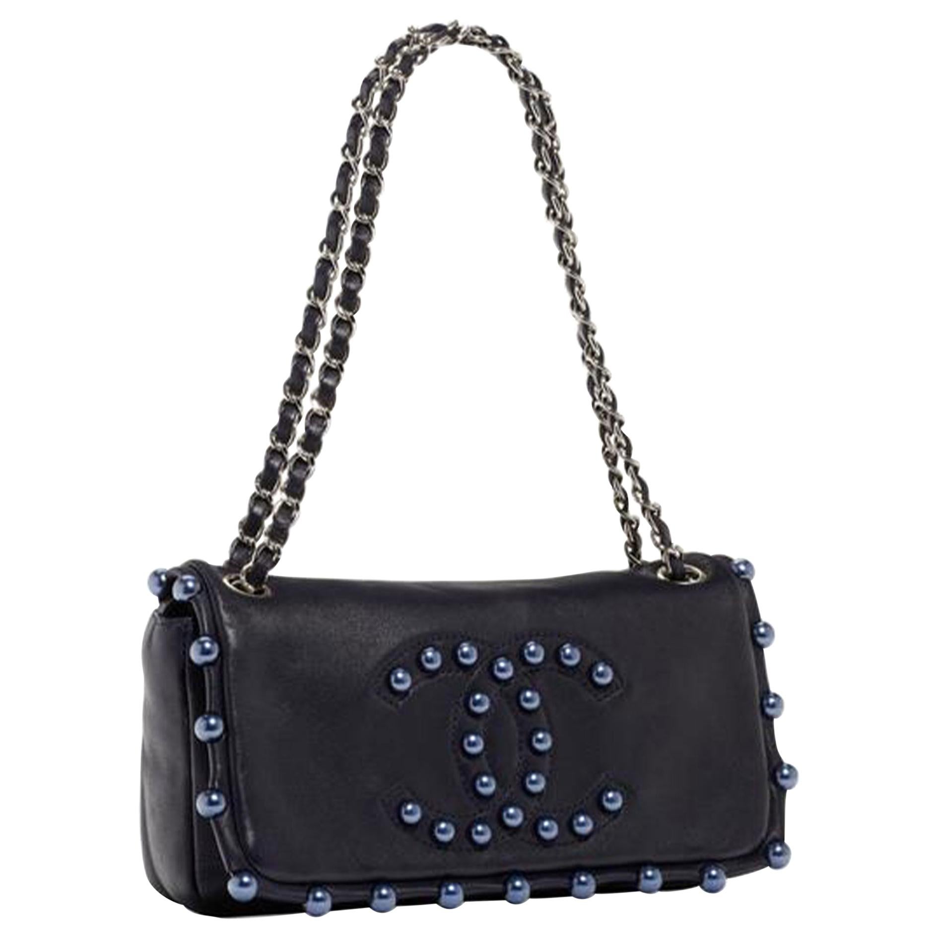 Chanel 2008 Vintage Classic Flap CC Obsession Rare Dark Blue Pearls Lambskin Bag