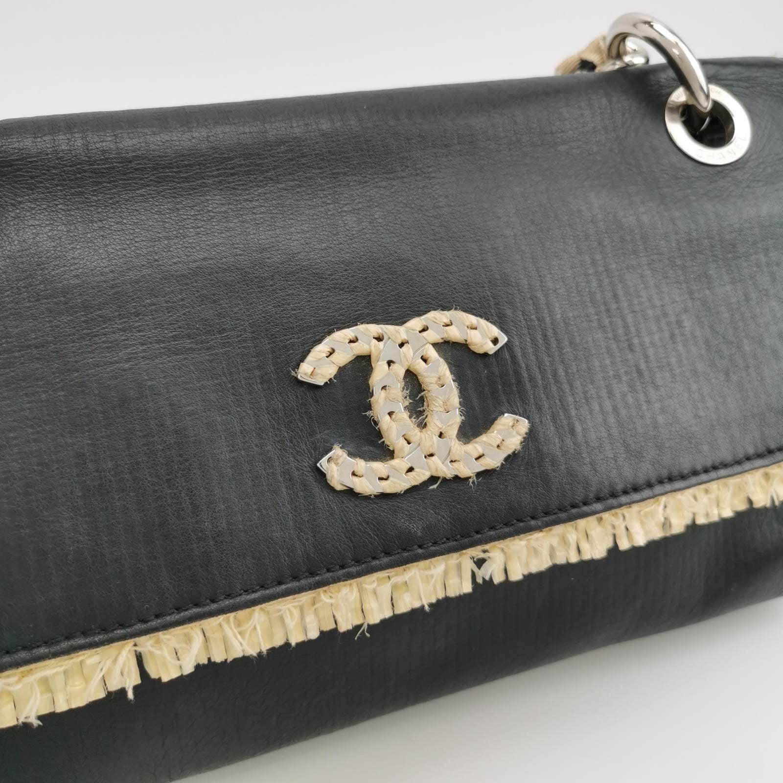Chanel Classic Flap Chain Shoulder Bag Large Black Leather and Straw 1