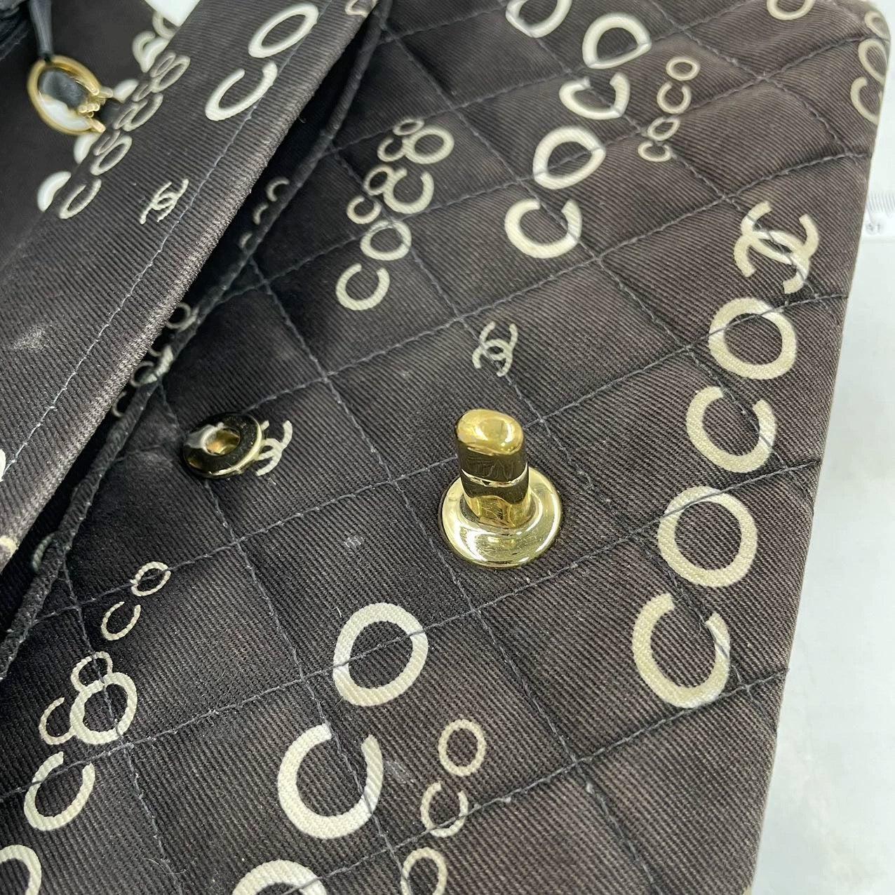Chanel Classic Flap Diamond Stitch 2002 Black Denim with Coco Logo Prints 24k For Sale 6