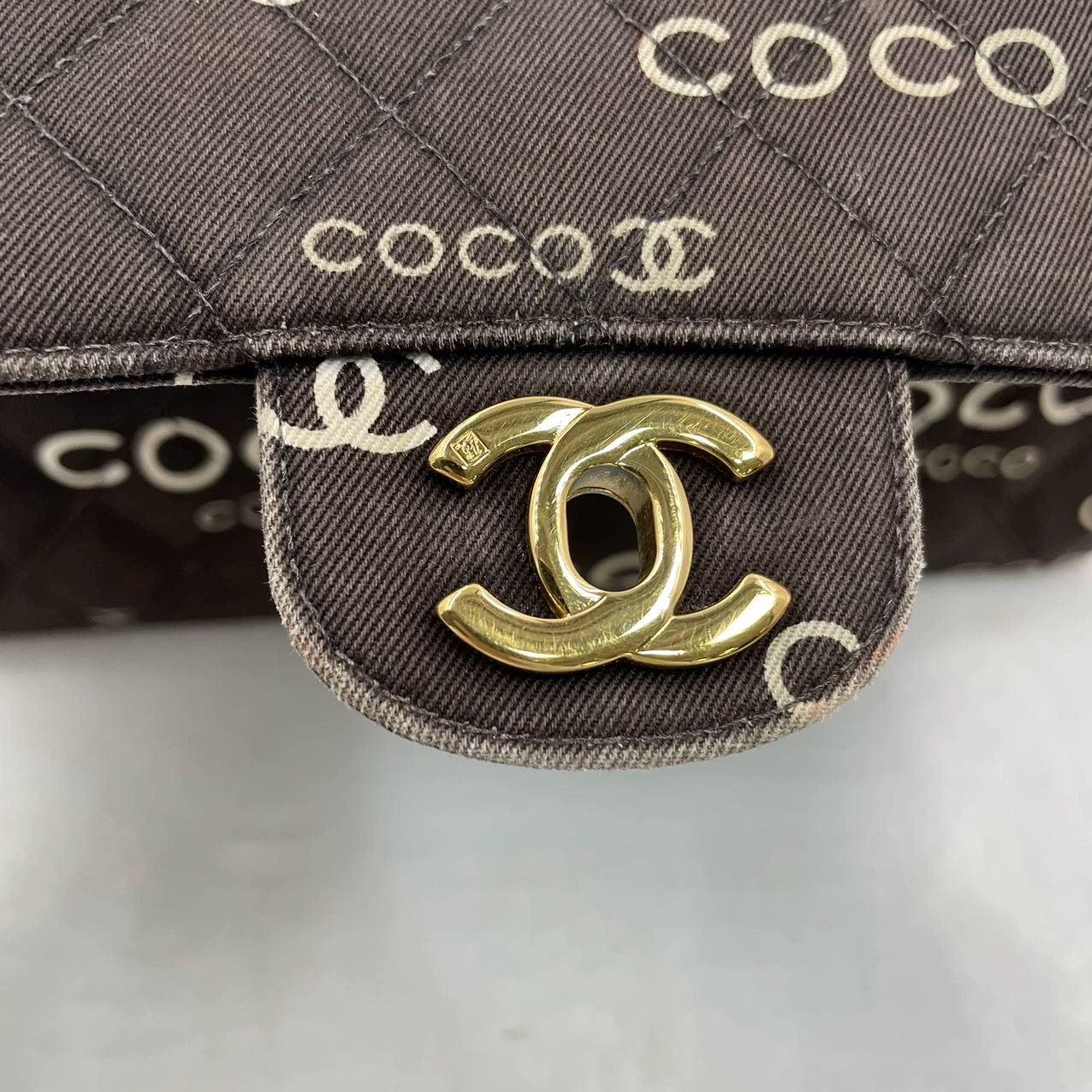 Chanel Classic Flap Diamond Stitch 2002 Black Denim with Coco Logo Prints 24k For Sale 8