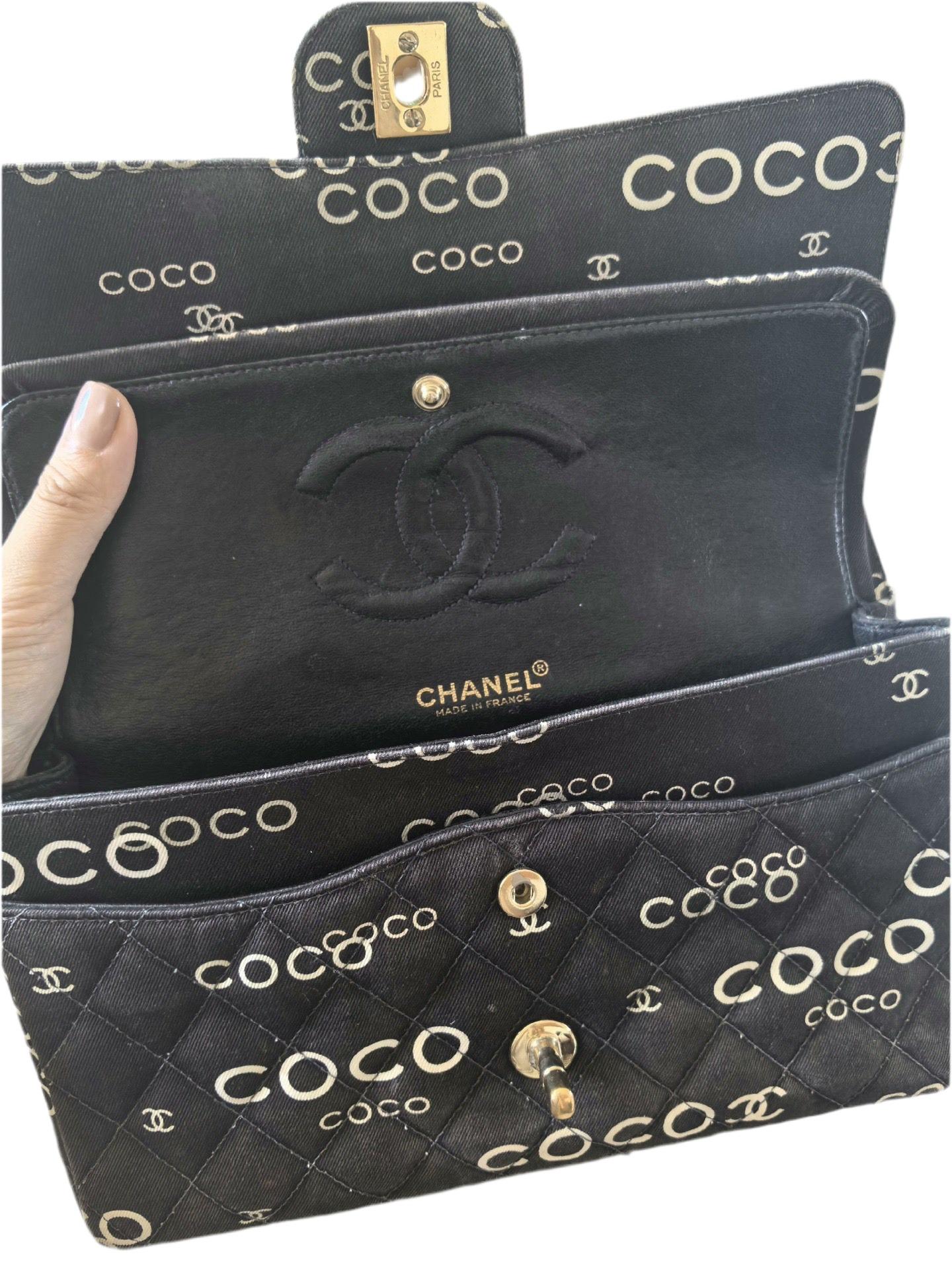 Chanel Classic Flap Diamond Stitch 2002 Black Denim with Coco Logo Prints 24k For Sale 13