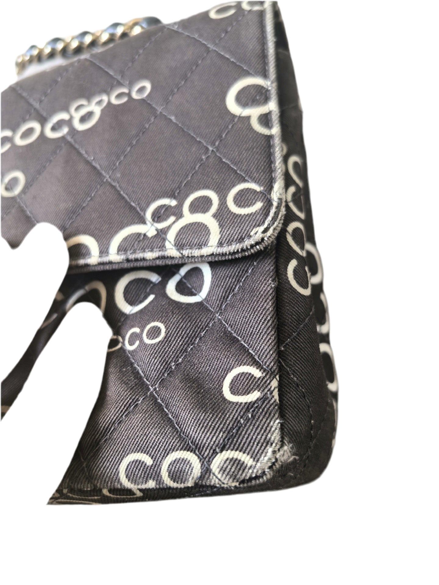 Chanel Classic Flap Diamond Stitch 2002 Black Denim with Coco Logo Prints 24k For Sale 15