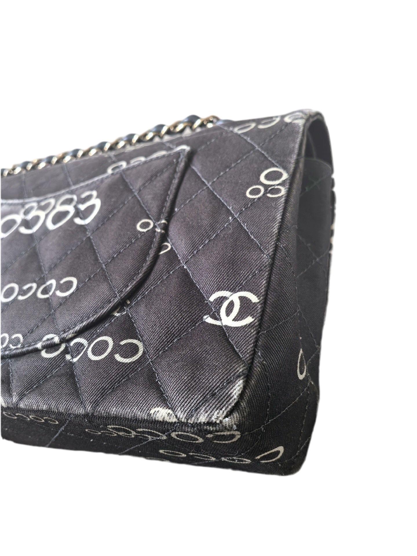 Chanel Classic Flap Diamond Stitch 2002 Black Denim with Coco Logo Prints 24k For Sale 16