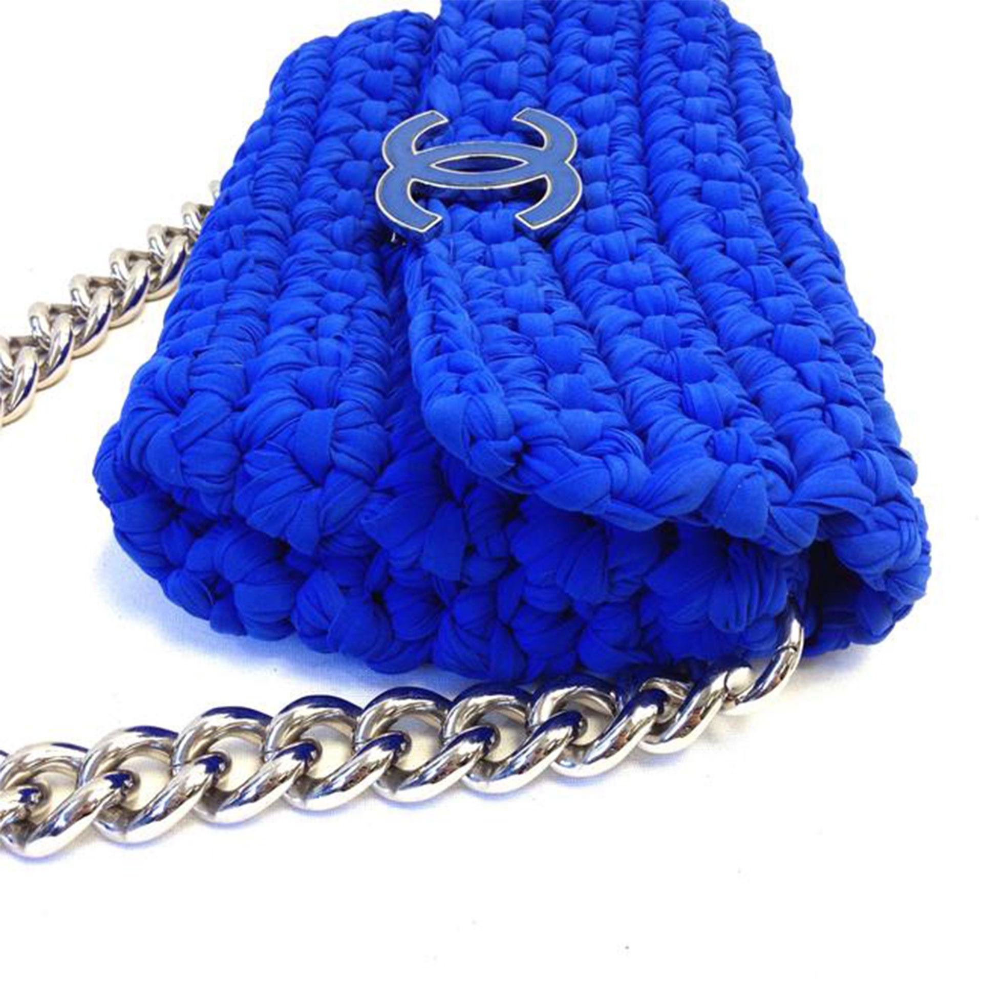 Chanel Classic Flap Electric Crochet Collectors Blue Cloth Shoulder Bag In Good Condition For Sale In Miami, FL