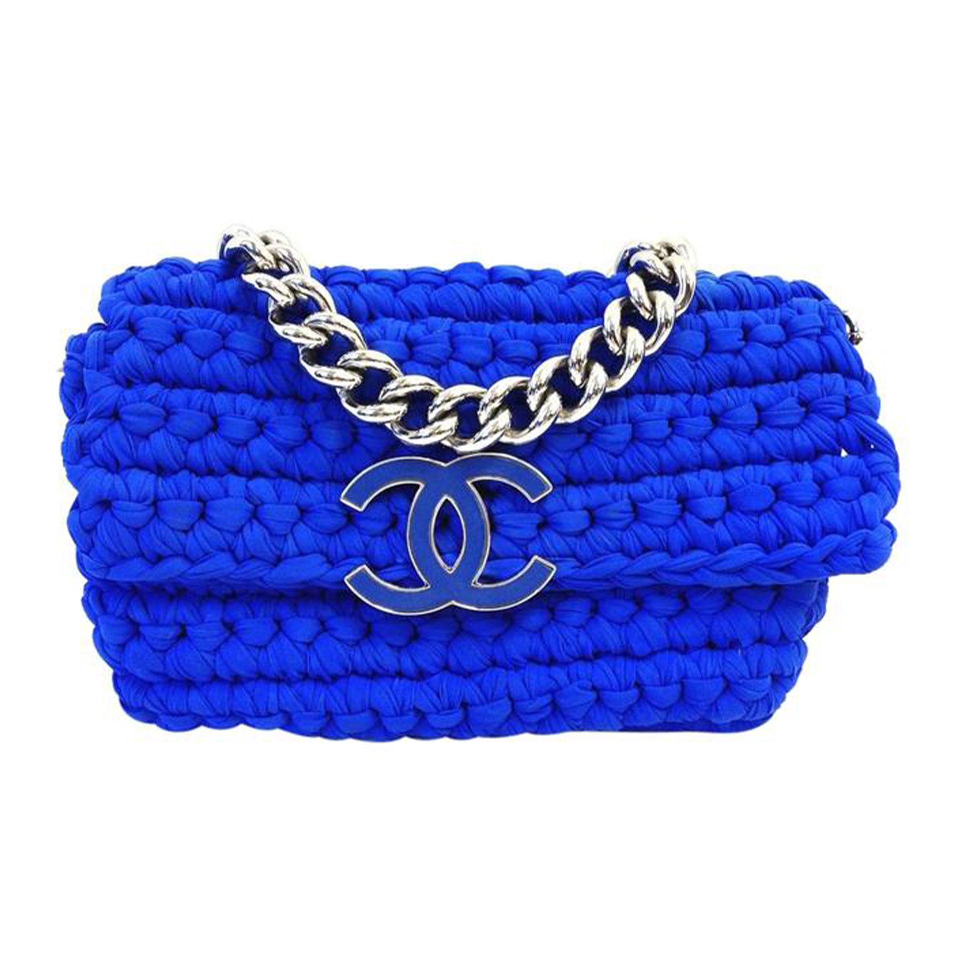 Women's or Men's Chanel Classic Flap Electric Crochet Collectors Blue Cloth Shoulder Bag For Sale