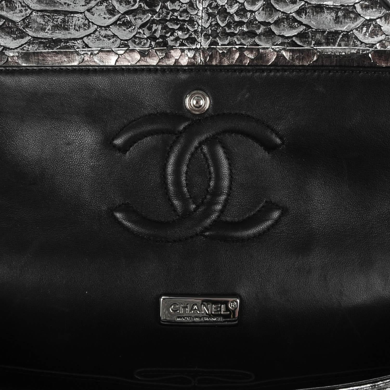 Chanel Classic Flap Exotic Limited Edition Metallic Grey Python Shoulder Bag For Sale 3
