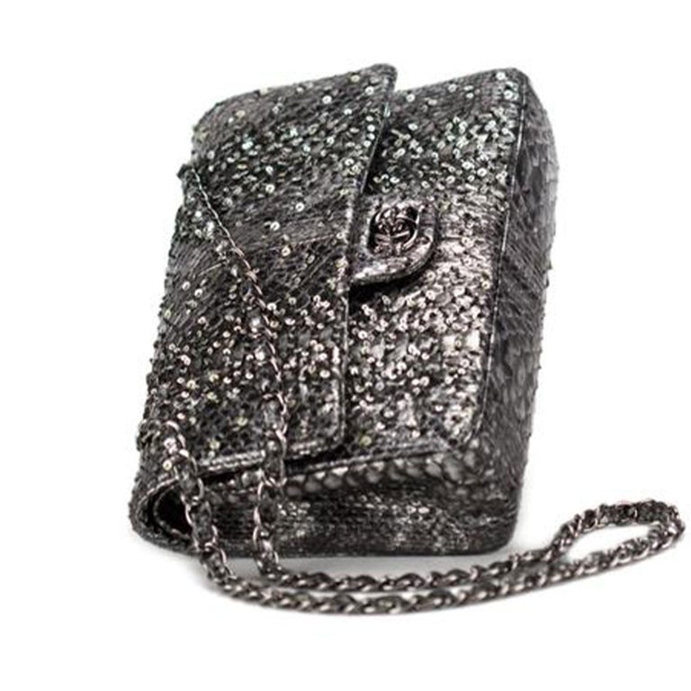 Black Chanel Classic Flap Exotic Limited Edition Metallic Grey Python Shoulder Bag For Sale