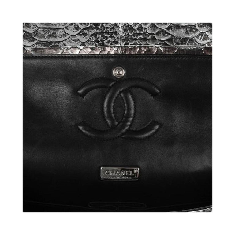 Women's or Men's Chanel Classic Flap Exotic Limited Edition Metallic Grey Python Shoulder Bag For Sale