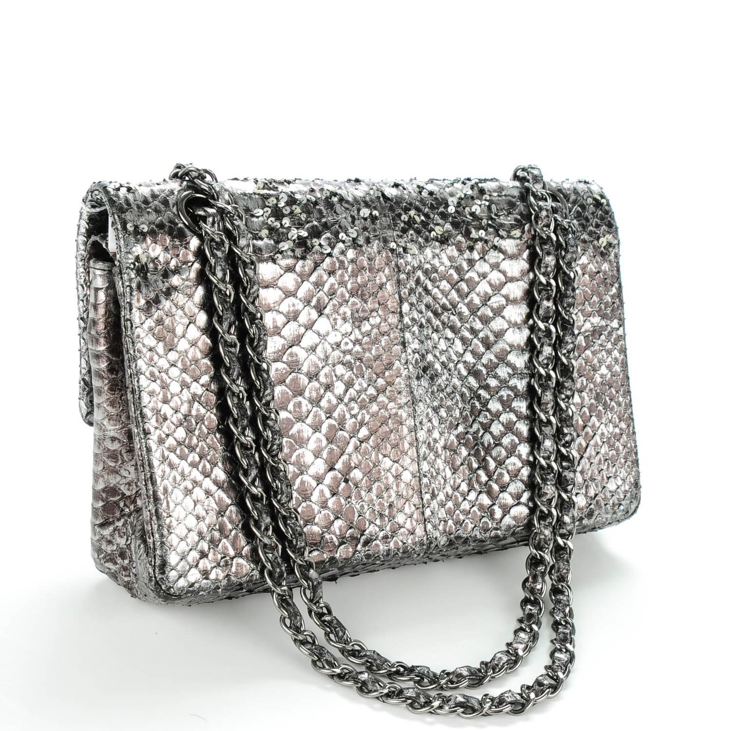 Black Chanel Classic Flap Exotic Limited Edition Metallic Grey Python Shoulder Bag For Sale