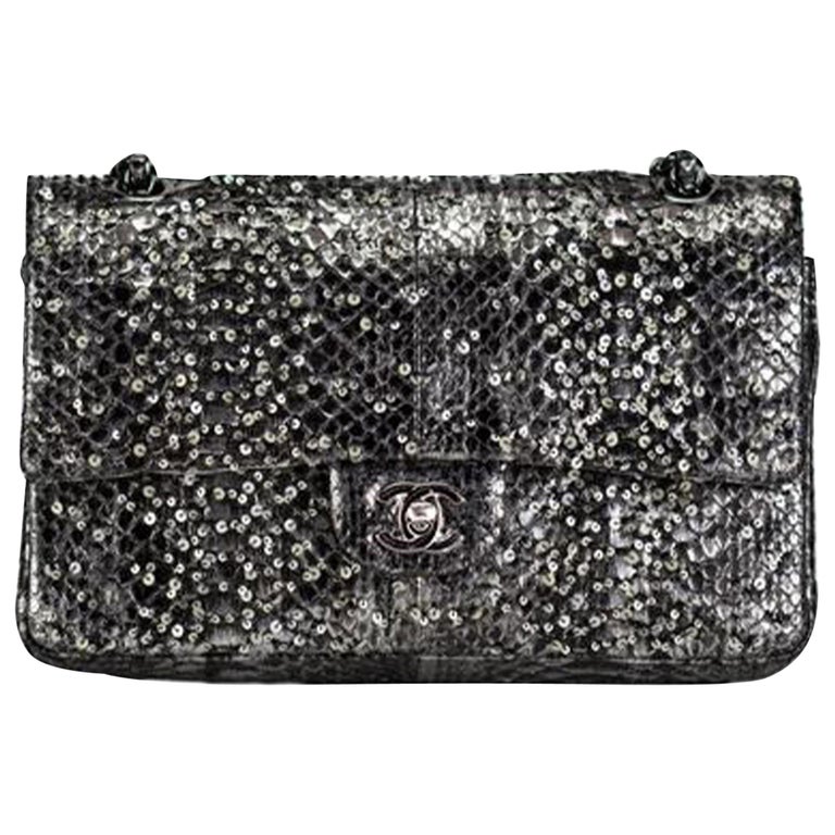 Chanel Classic Flap Exotic Limited Edition Metallic Grey Python Shoulder Bag For Sale