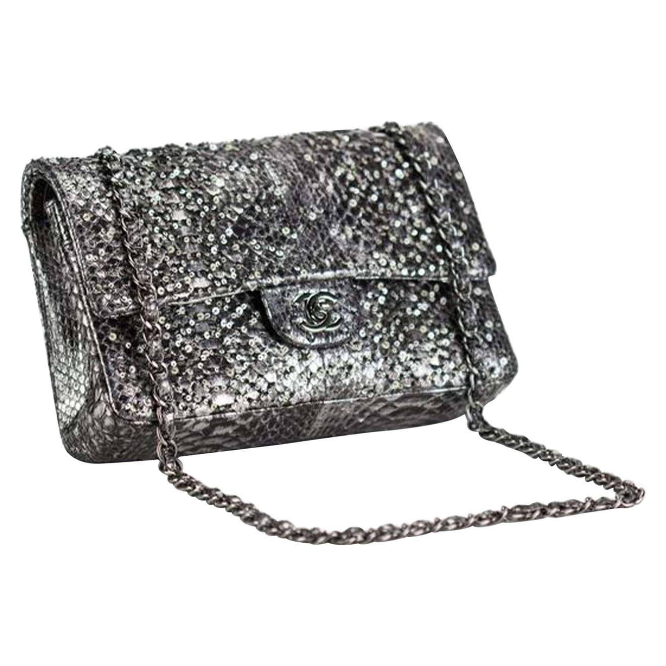 Chanel Classic Flap Exotic Limited Edition Metallic Grey Python ...