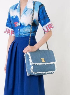 Chanel Classic Flap Extra Large Quilted Maxi Cc 1cz1016 Blue Denim Cross Body