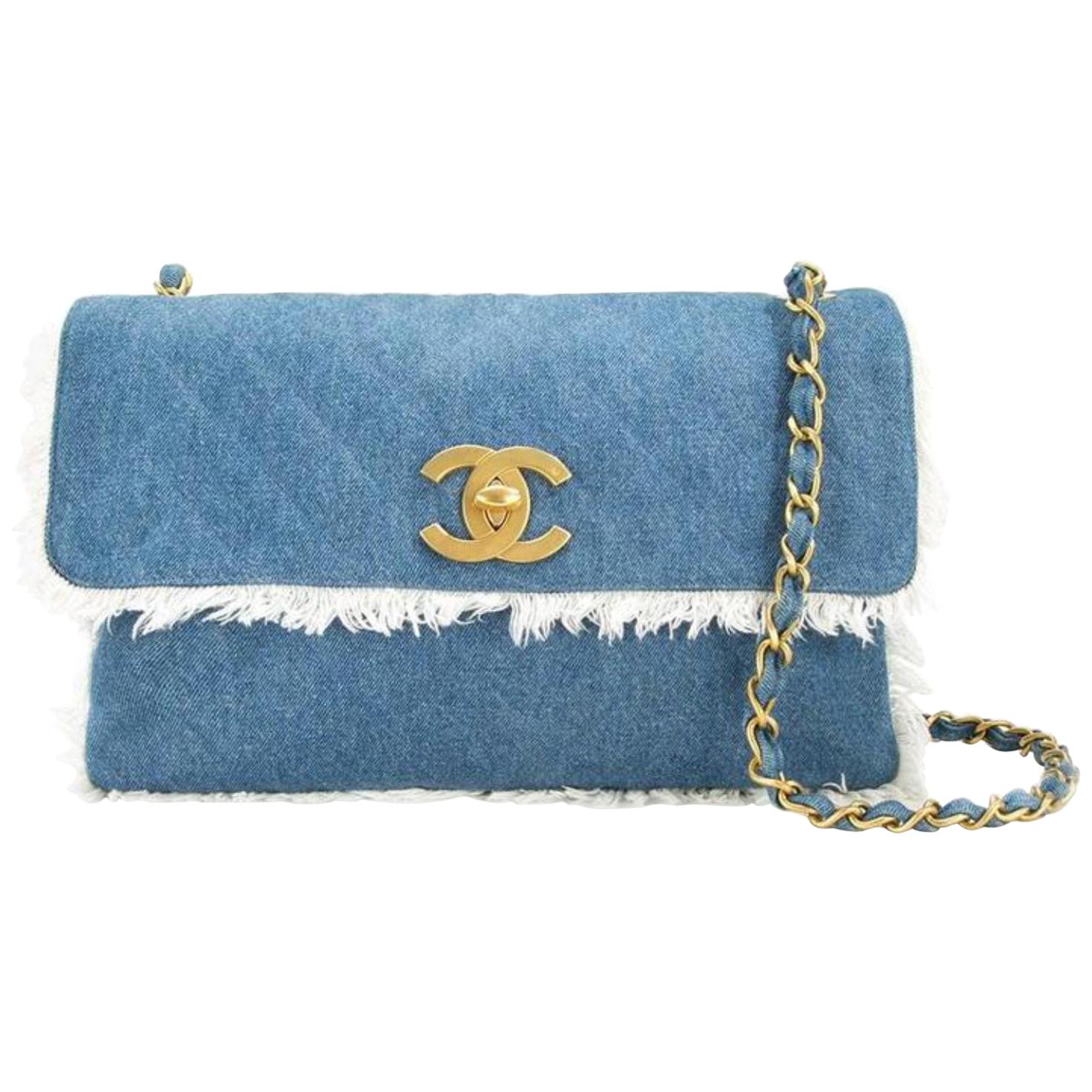 Chanel Classic Flap Extra Large Quilted Maxi Cc 1cz1016 Blue Denim Cross Body  For Sale