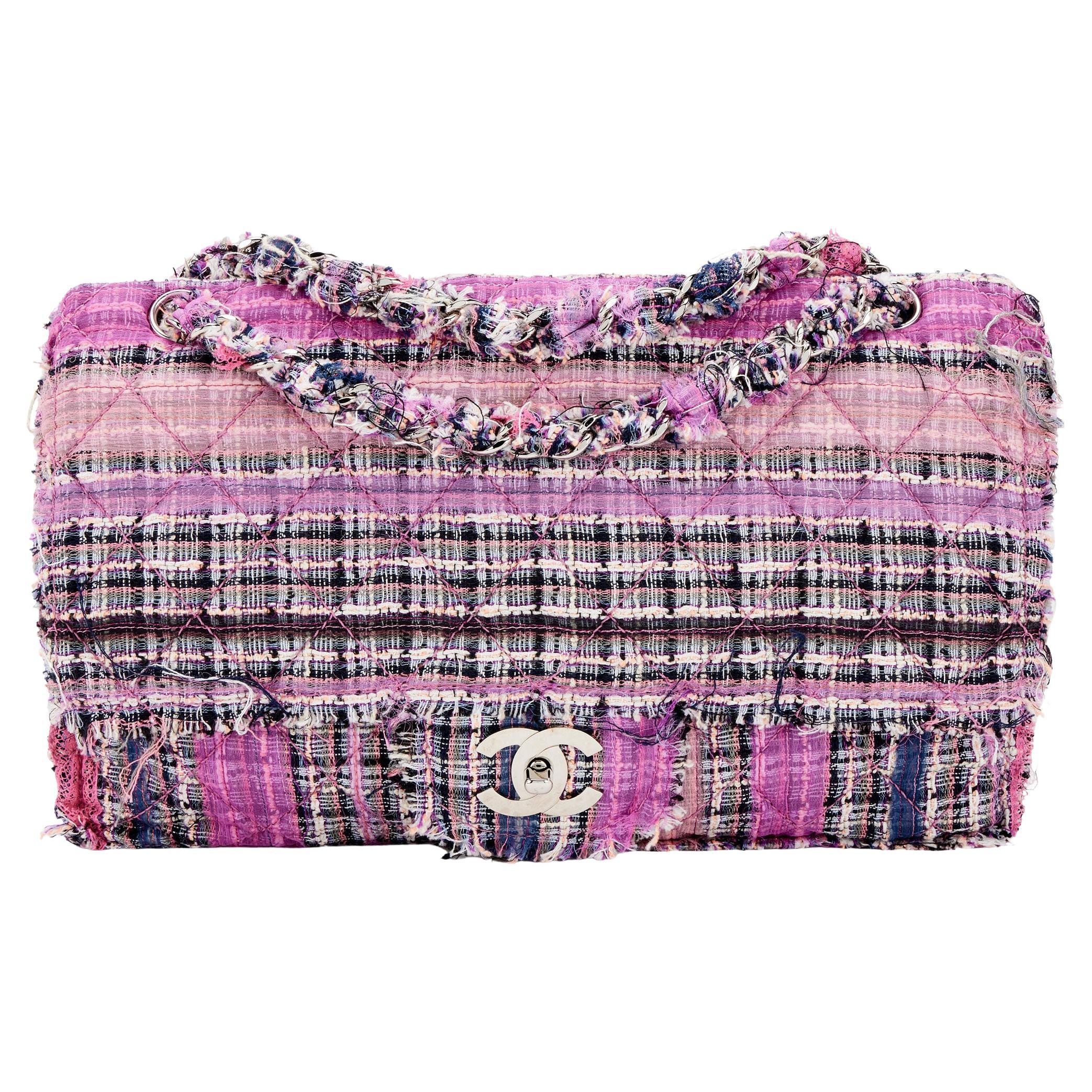 Chanel Classic Flap Fringe Jumbo Rare Limited Edition Pink Multi Color Tweed Bag