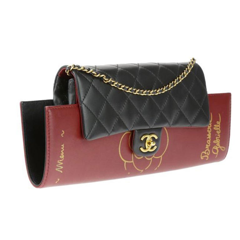 Women's or Men's Chanel Classic Flap Gabrielle Brasserie Menu Burgundy & Black Lambskin Clutch For Sale