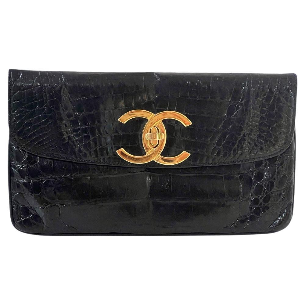Chanel Vintage 1990 Alligator Skin Leather Classic Flap Bag Convertible Clutch  For Sale