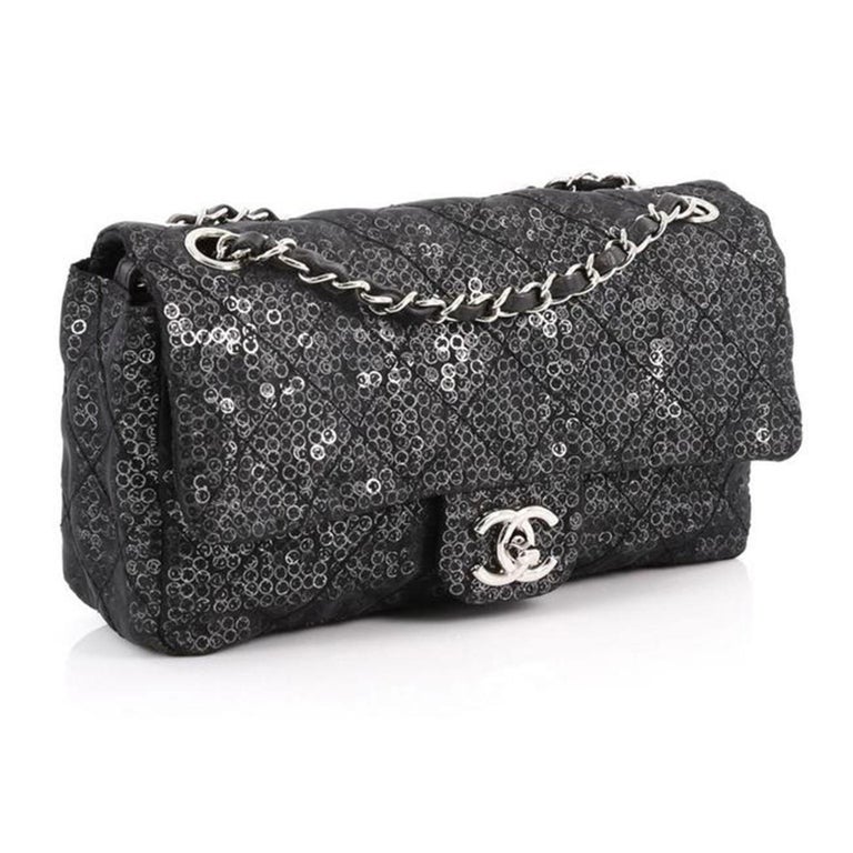 Chanel Classic Flap Hidden Mesh Medium Black Sequins Shoulder Bag For Sale  at 1stDibs