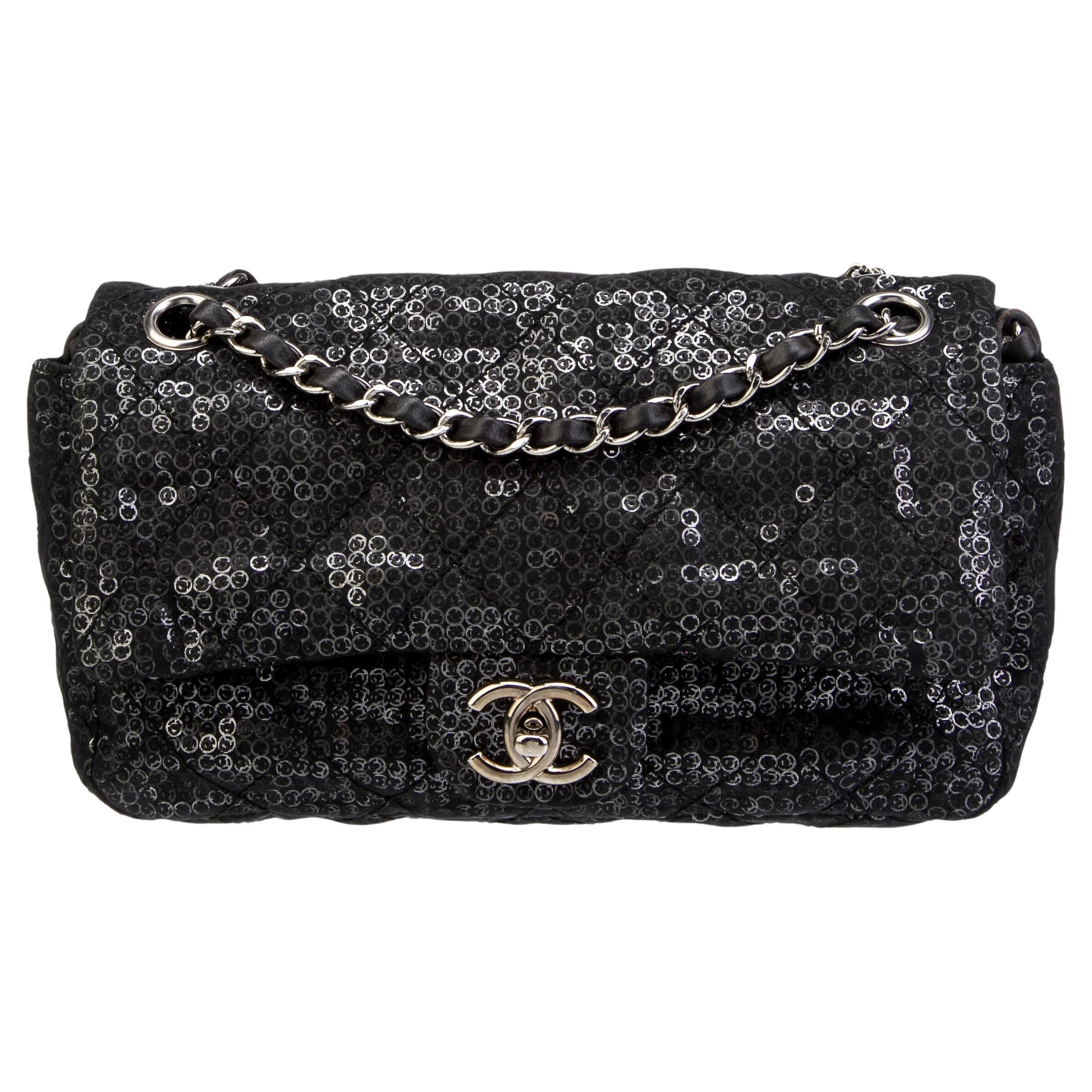 Chanel 2009 Classic Flap Hidden Mesh Medium Black Sequins Shoulder Bag For Sale