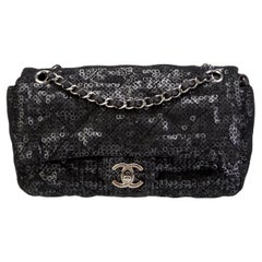 Vintage Chanel 2009 Classic Flap Hidden Mesh Medium Black Sequins Shoulder Bag