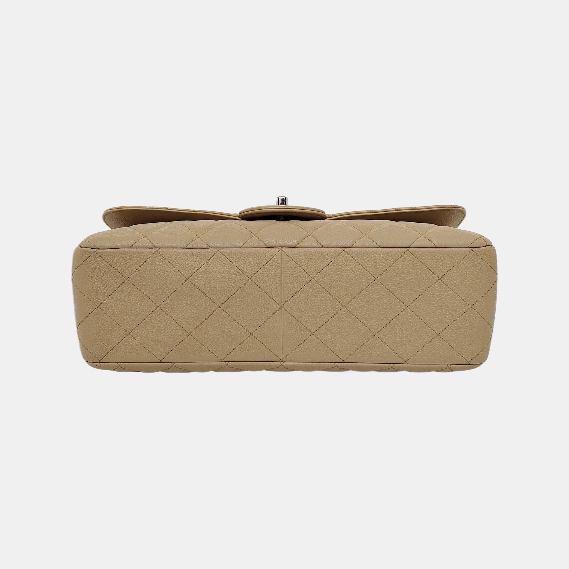 Brown Chanel Classic Flap Jumbo 2009 Beige Caviar Leather Single Flap Silver Hardware For Sale