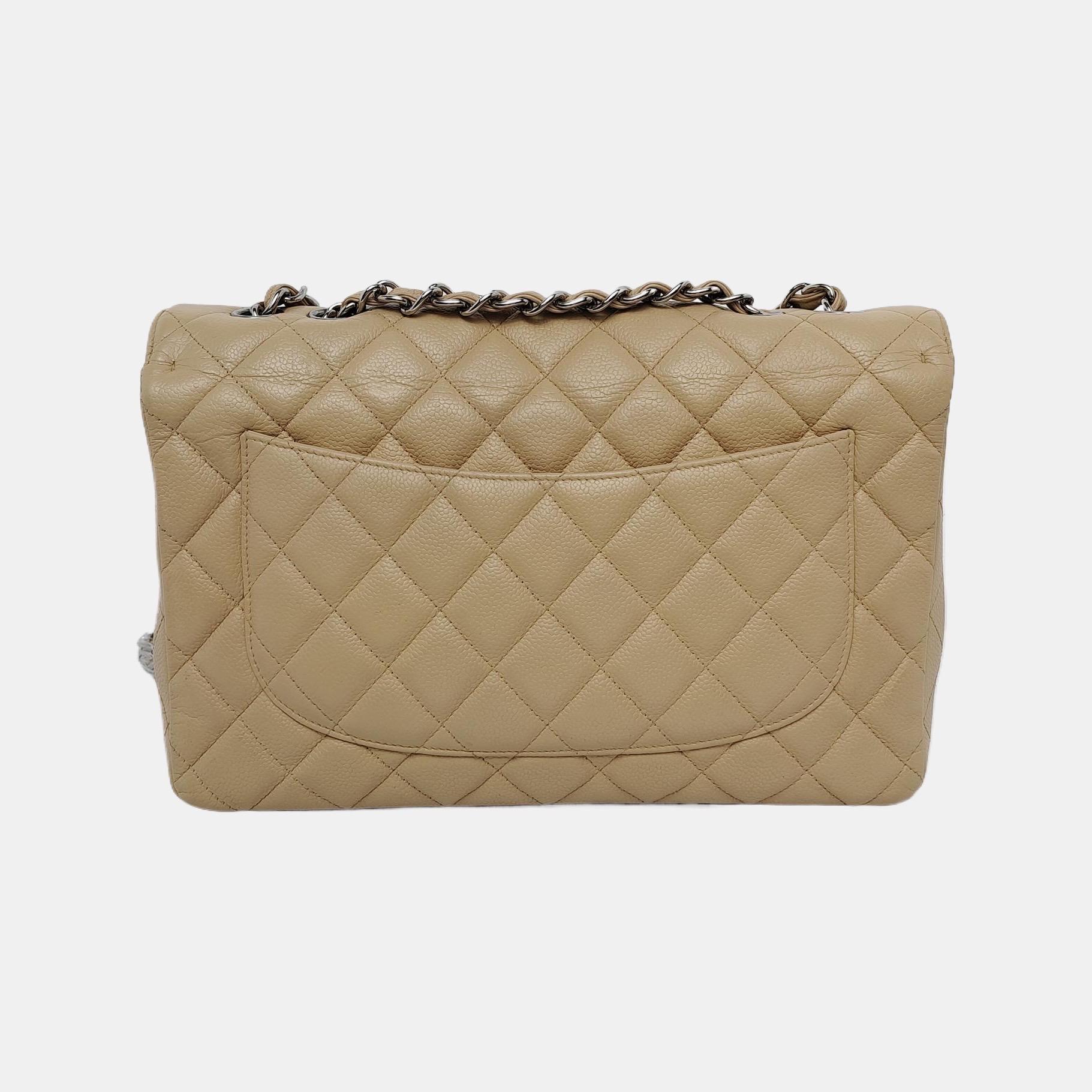 Chanel Classic Flap Jumbo 2009 Beige Caviar Leather Single Flap Silver Hardware In Good Condition For Sale In AUBERVILLIERS, FR