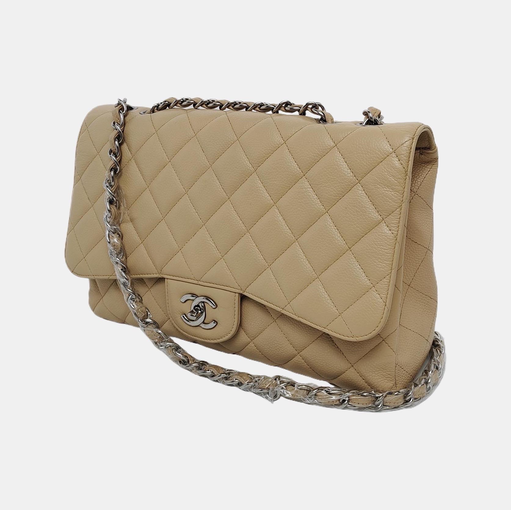 Women's Chanel Classic Flap Jumbo 2009 Beige Caviar Leather Single Flap Silver Hardware For Sale