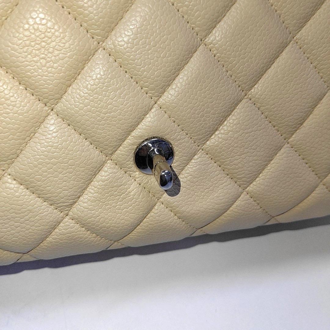 Chanel Classic Flap Jumbo 2009 Beige Caviar Leather Single Flap Silver Hardware For Sale 2