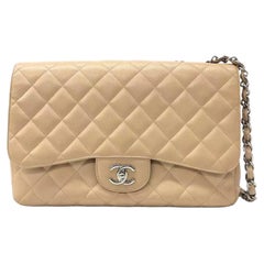 Chanel Classic Flap Jumbo 2009 Beige Caviar Leather Single Flap Silver Hardware