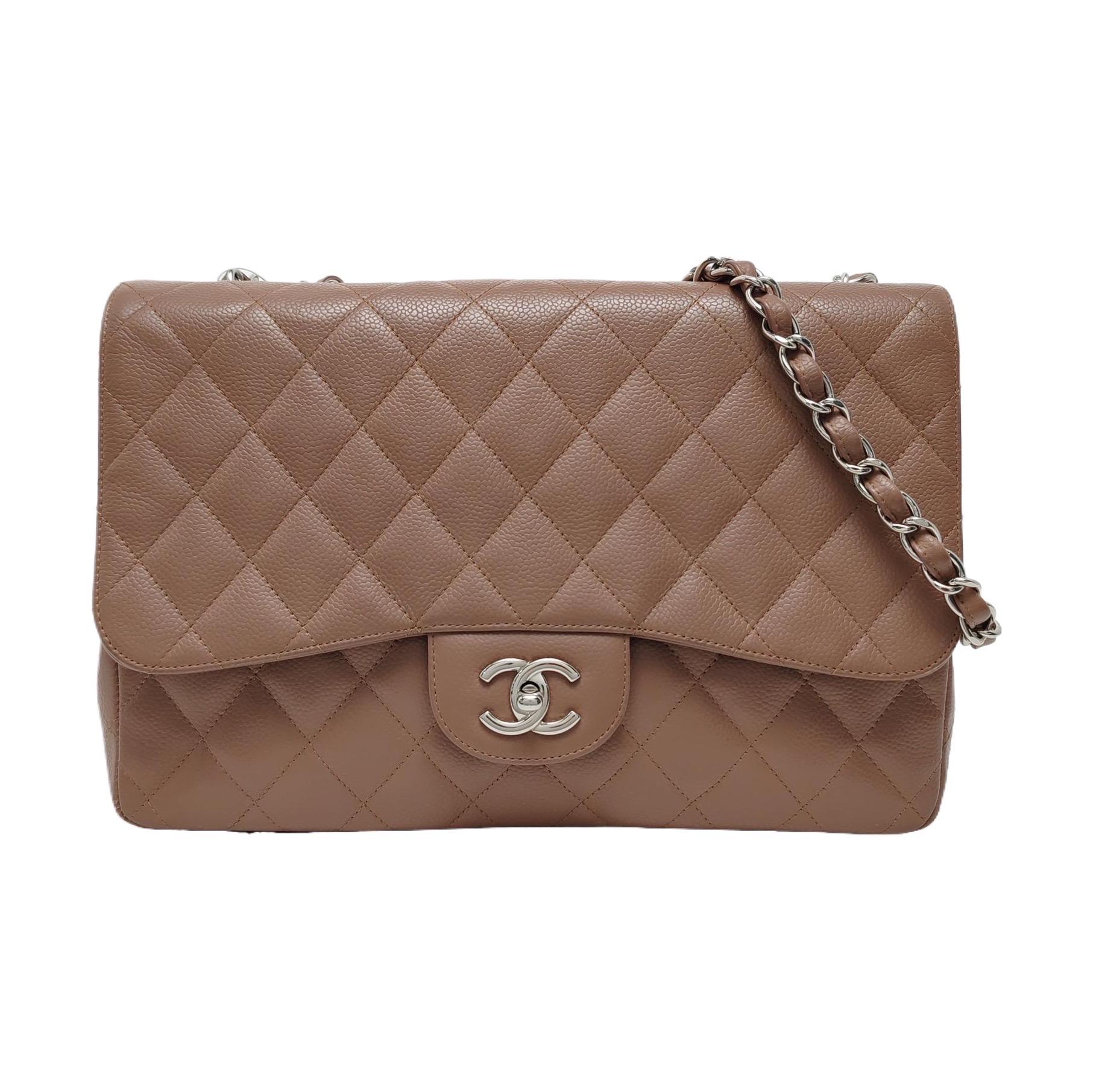 Chanel Classic Flap Jumbo 2009 Coffee Brown Caviar Leather Single Flap Silver