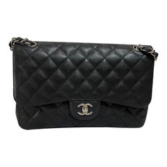 Chanel Classic Flap Jumbo 2012 Black Caviar Leather Double Flap Silver Hardware