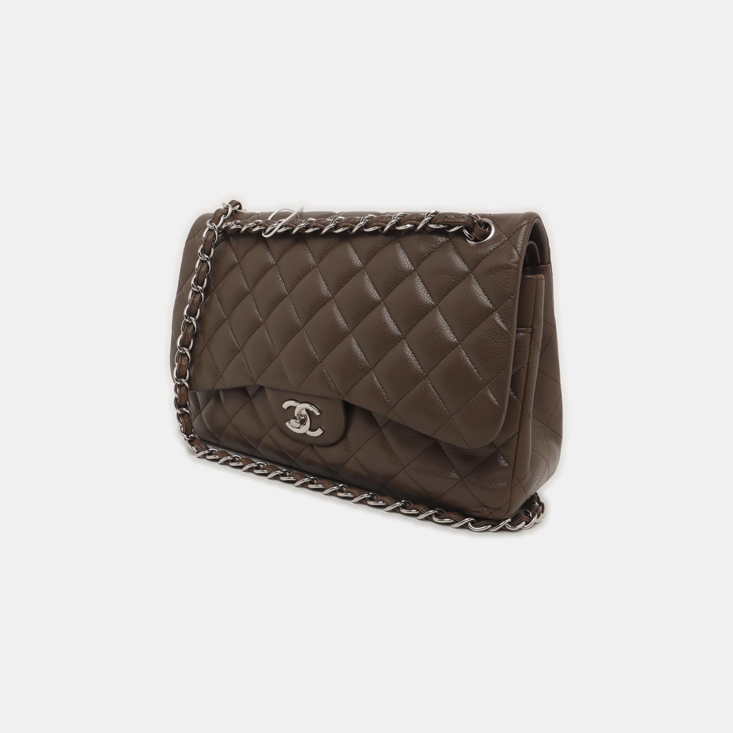 Black Chanel Classic Flap Jumbo 2012 Coffee Brown Caviar Leather Double Flap Silver Ha