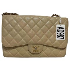 Chanel Classic Flap Jumbo Beige Caviar Leather Single Flap Silver Hardware