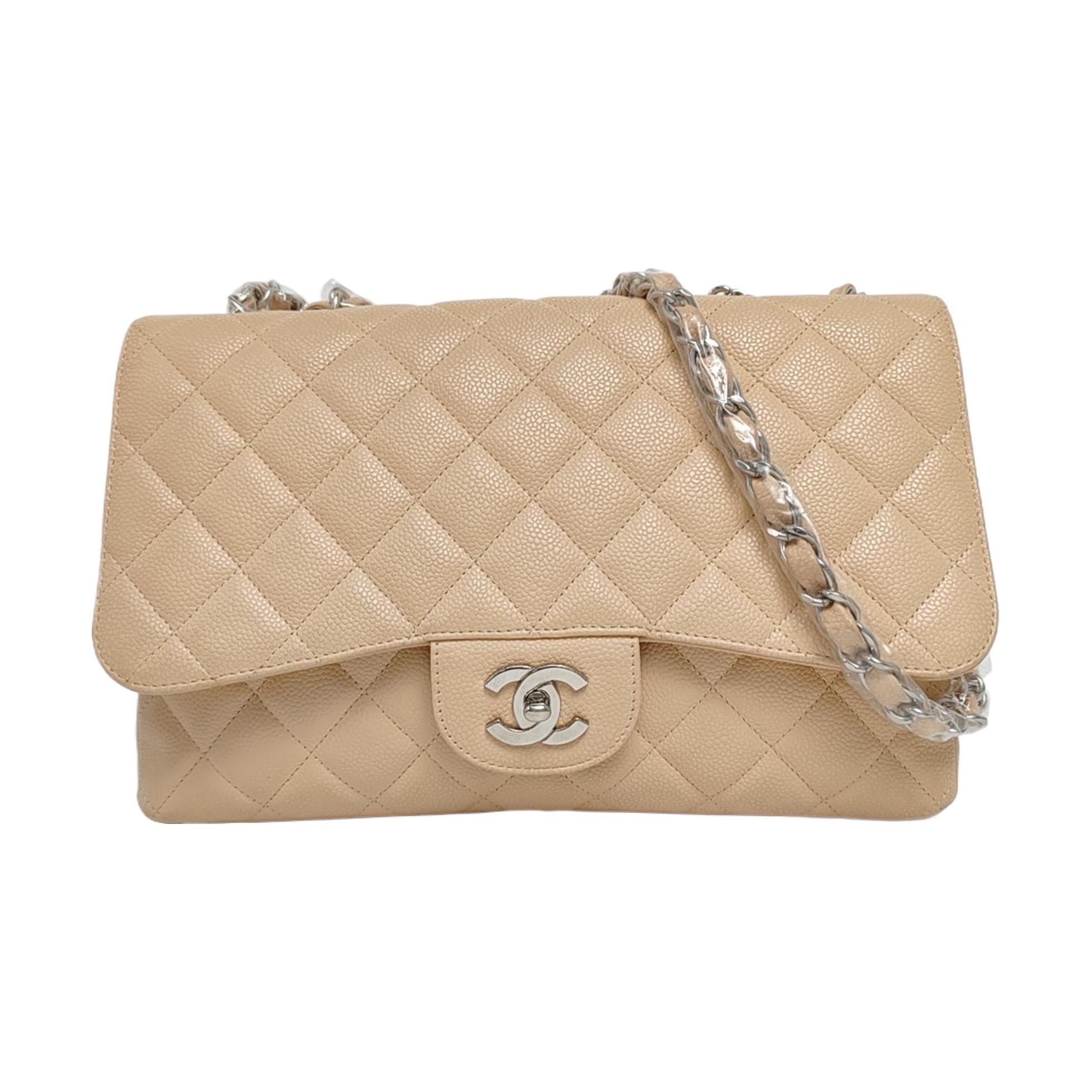 Chanel Classic Flap Jumbo Beige Caviar Leather Single Flap Silver Hardware For Sale