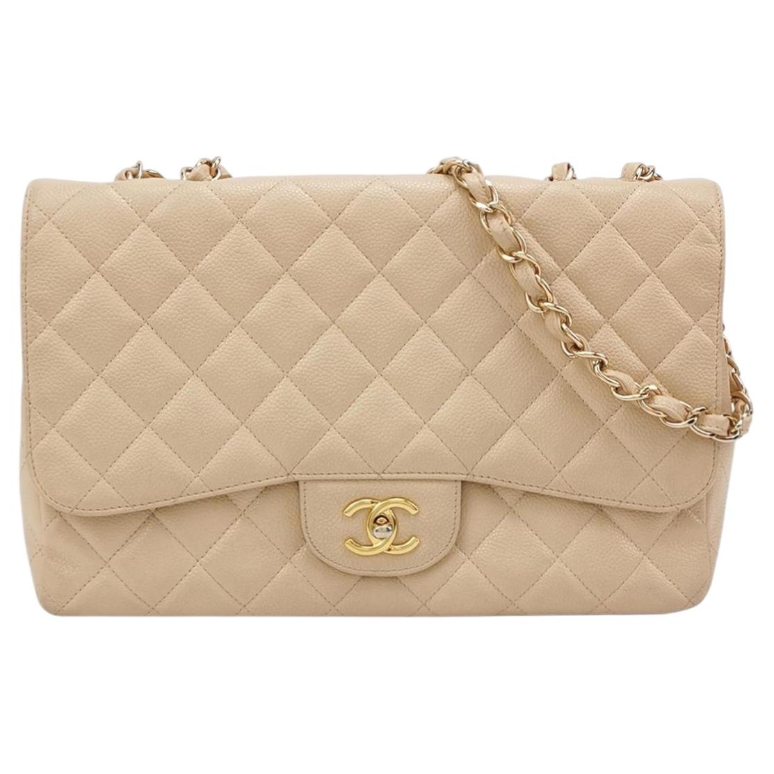 Chanel Classic Flap Jumbo Beige Caviar Leather Single Flap Silver Hardware