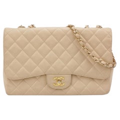 Chanel Classic Flap Jumbo Beige Caviar Leather Single Flap Silver Hardware