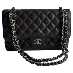 Chanel Classic Flap Jumbo Black Caviar Leather Double Flap Silver Hardware 2011