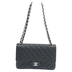 Chanel Classic Flap Jumbo Schwarzes Kaviarleder Doppelte Klappe Silberne Hardware 2013