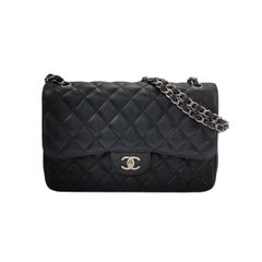 Chanel Classic Flap Jumbo Black Caviar Leather Double Flap Silver Hardware