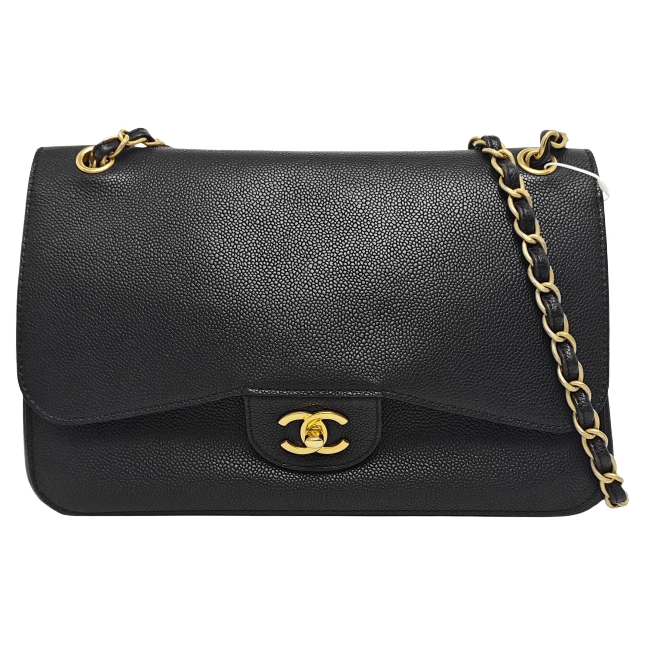 Chanel Classic Flap Jumbo Black Caviar Leather Double Flap with Gold Hardware 20