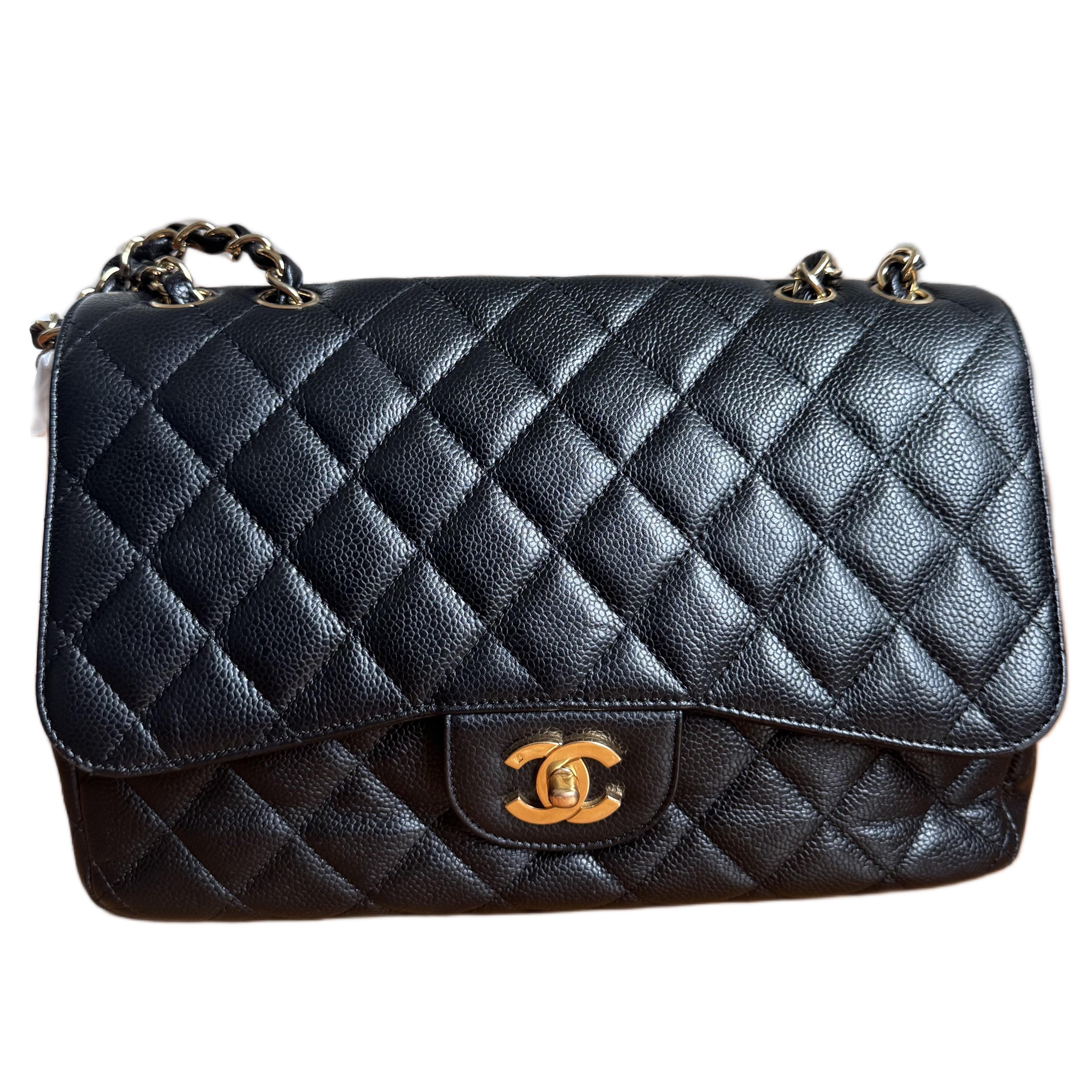 Chanel Classic Leather Jumbo Black Caviar Leather Single Flap 24k Gold Hardware