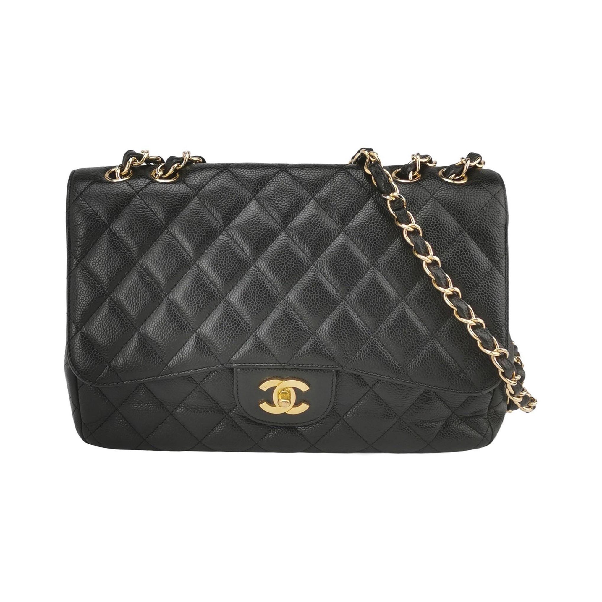 Chanel Classic Leather Jumbo Black Caviar Leather Single Flap 24k Gold Hardware