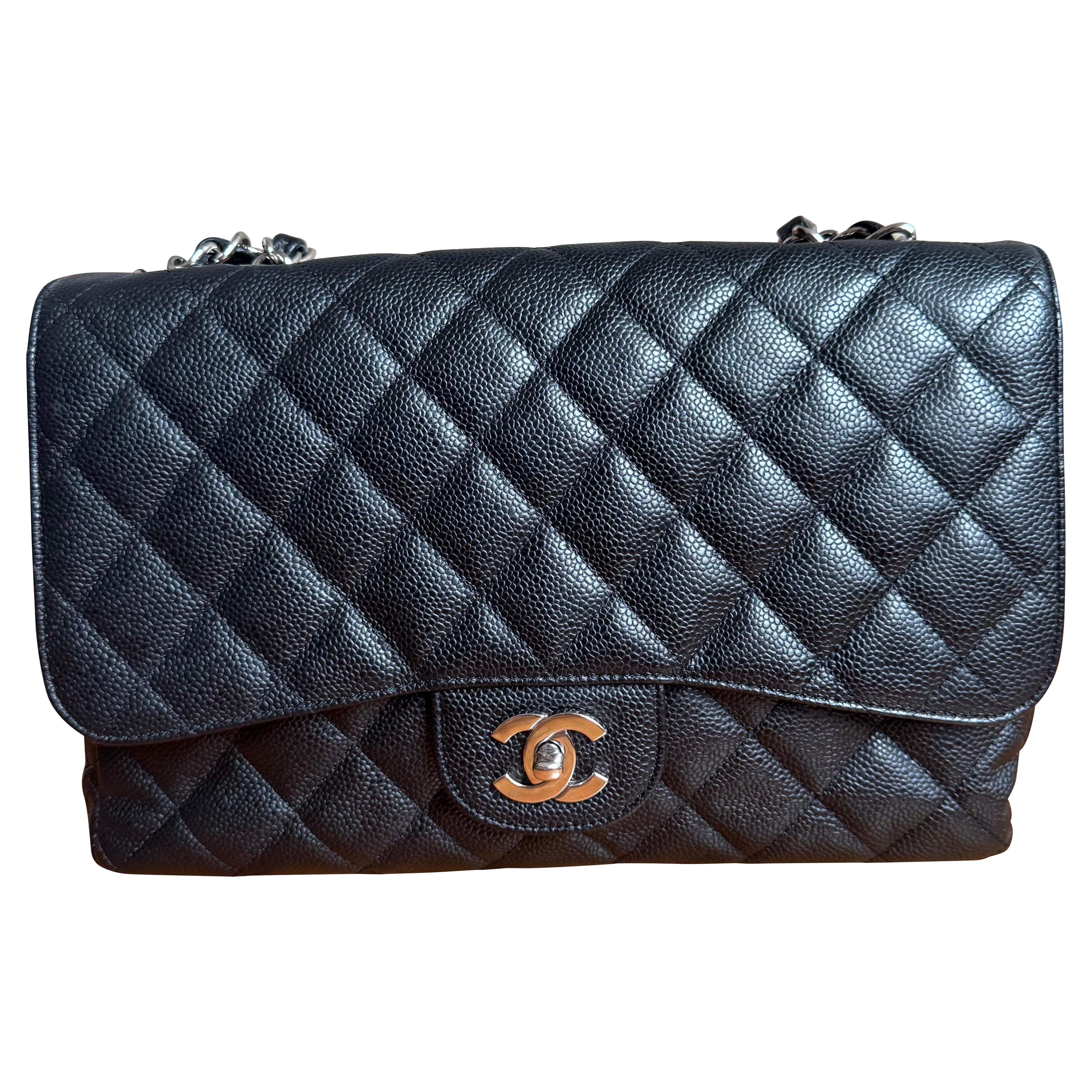 Chanel Classic Leather Jumbo Black Caviar Leather Single Flap Silver Hardware 2006