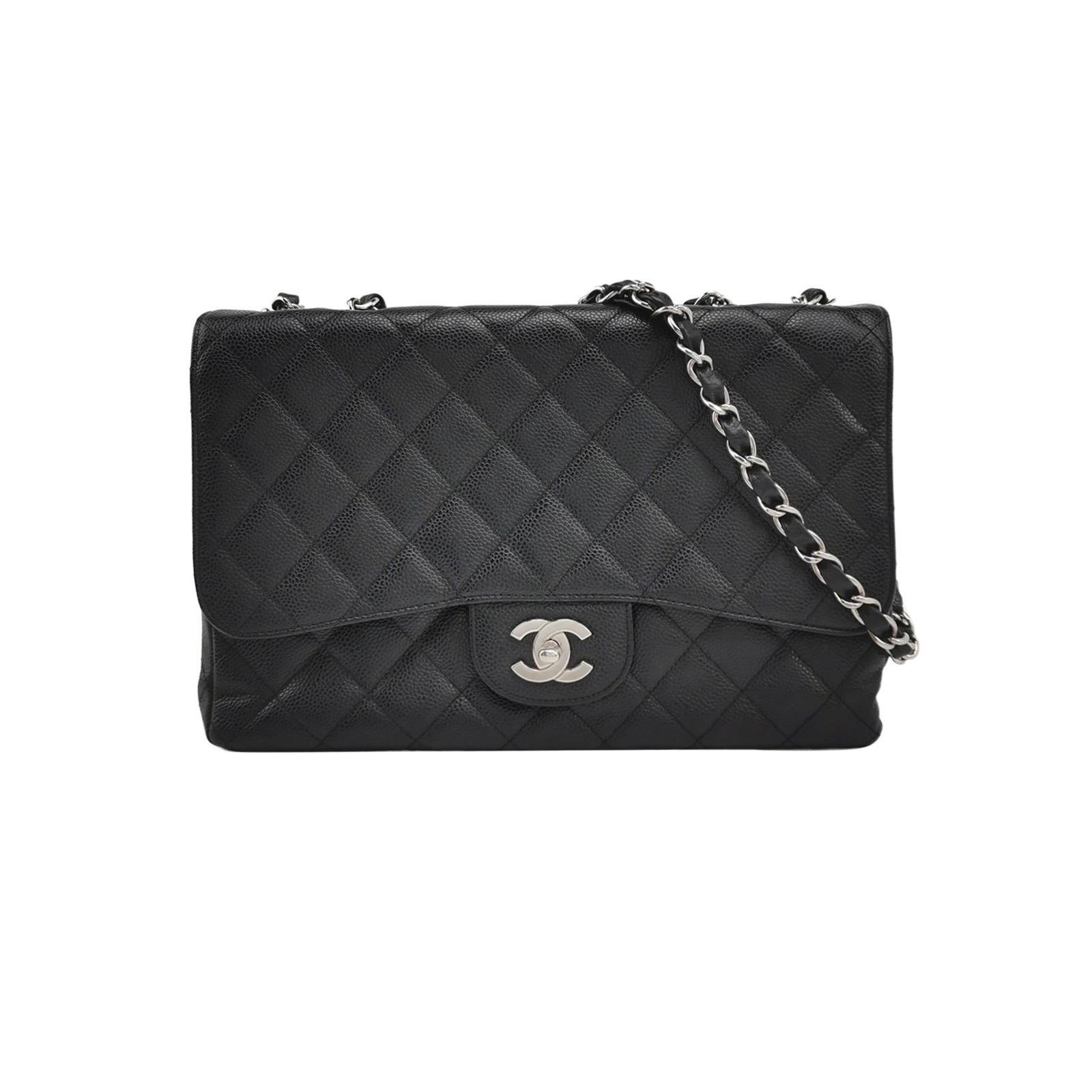 Chanel Classic Flap Jumbo Black Caviar Leather Single Flap Silver Hardware 2006