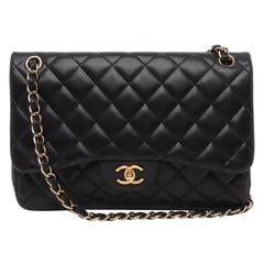 Chanel Classic Flap Jumbo Black Lambskin Leather Double Flap Gold Hardware
