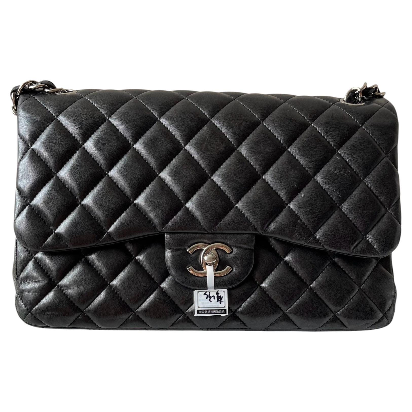 Chanel Classic Flap Jumbo Black Lambskin Leather Double Flap Silver Hardware
