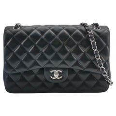 Chanel Classic Flap Jumbo Black Lambskin Leather Double Flap Silver Hardware